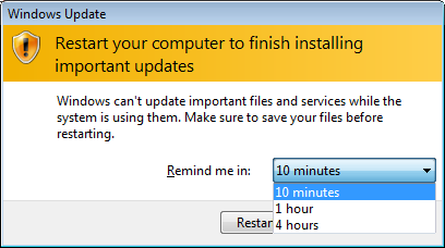 Windows update asks for reboot on Vista